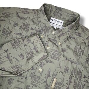 VTG Columbia Mens L Green‎ All Over Fish Print Bass Pocket Shirt Button Down